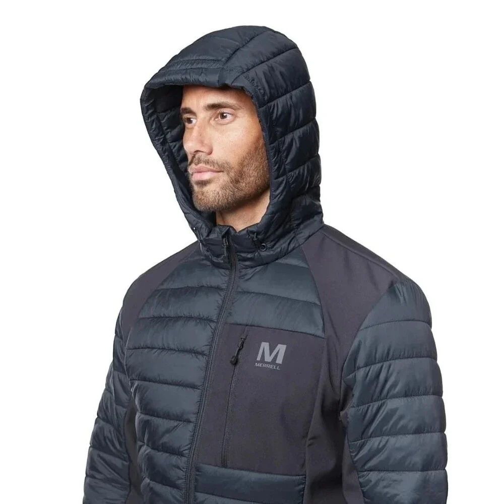 Merrell Men's Hooded Mixed‎ Media Puffer Softshell Jacket, Black, XL